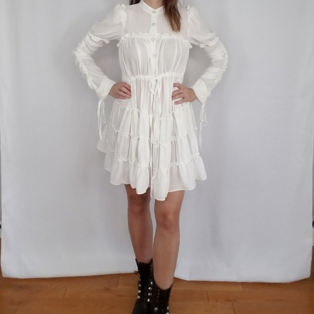 Ina White Babydoll Long Sleeve Dress With Pearl and Rhinestone Buttons Medium - Picture 7 of 8